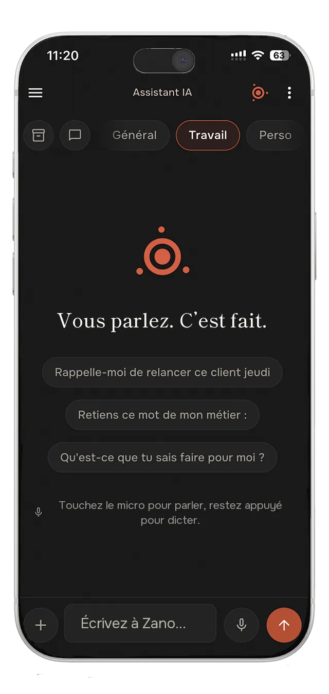 L’application Zano sur un téléphone : écran d’accueil « Vous parlez. C’est fait. » et suggestions de demandes