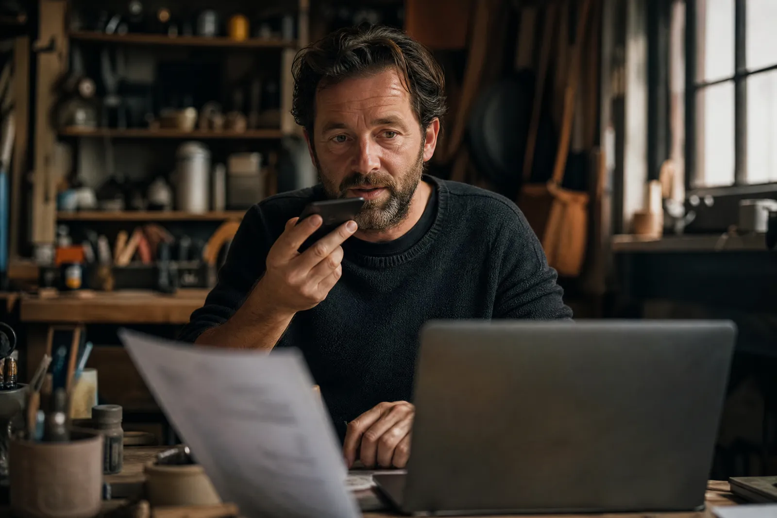Un indépendant belge assis à son bureau d’atelier dicte un message vocal sur son GSM, des papiers flous devant lui.